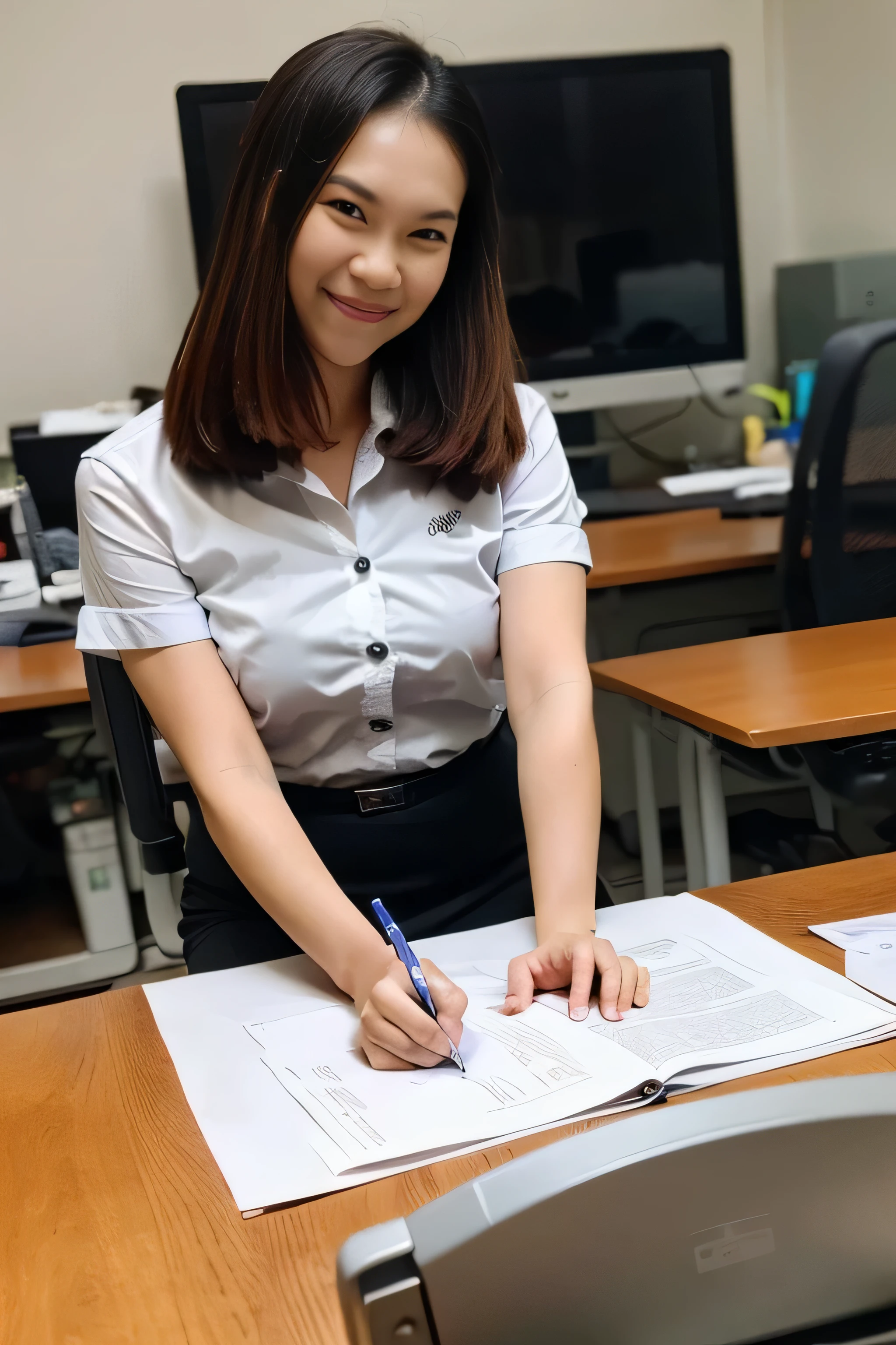 Creating the image of a naughty female university professor. 1girl in、masutepiece、face perfect、mesmerizing eyes、Colossal tits、slim figure、She exudes intelligence and charm, brightly colored blouses and skirts above the knee,、wears a suit. Her gentle smile radiates warmth and encouragement. Hair is in a bun、She was holding a textbook in one hand、Standing in front of a whiteboard、Being in a college classroom、