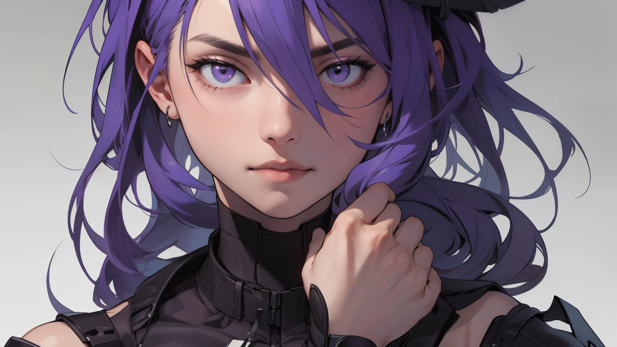 (High definition, 4K),1 girl,realisitic,breasts big,facing at viewer,blank gray background,half closed, big purple hair