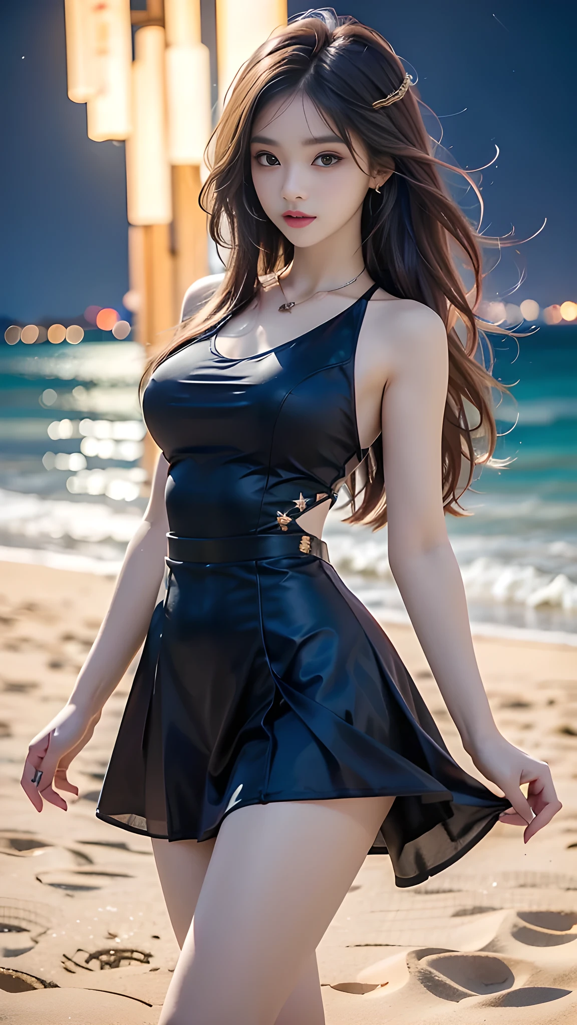 30 year old woman walking outside at night near the beach,soft lighting, perfect face,perfect figure,elegant style,random hairstyles,random dress,dark colored dress, narrow shoulders, wide hips,