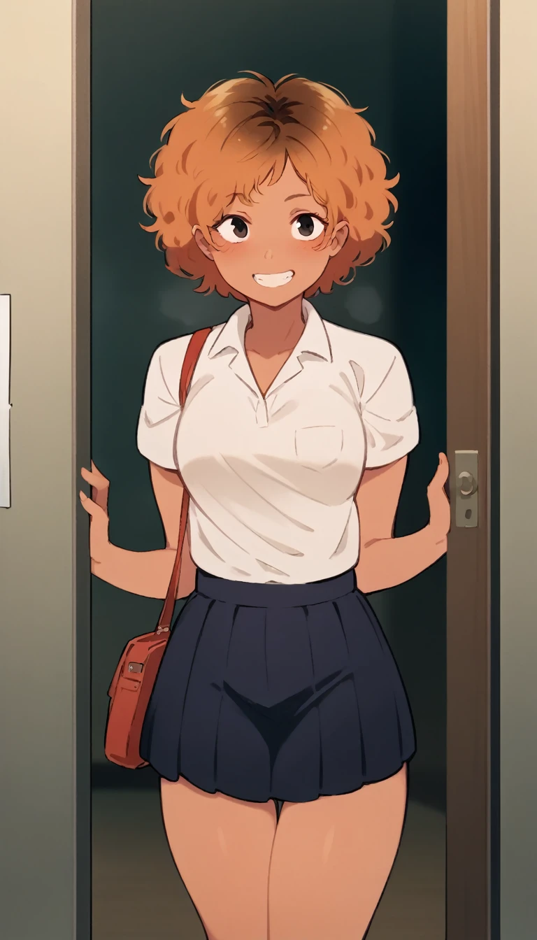 A girl of normal height, tanned girl dressed as a schoolgirl,  Wearing a ponytail, smiling, orange curly hair , trying to throw himself through the door.