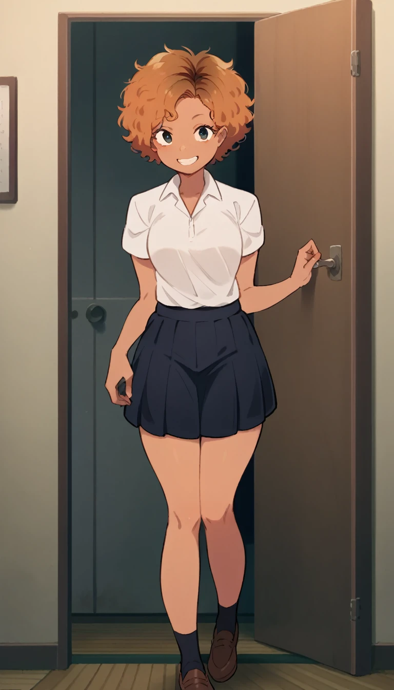 A girl of normal height, tanned girl dressed as a schoolgirl,  Wearing a ponytail, smiling, orange curly hair , trying to throw himself through the door.