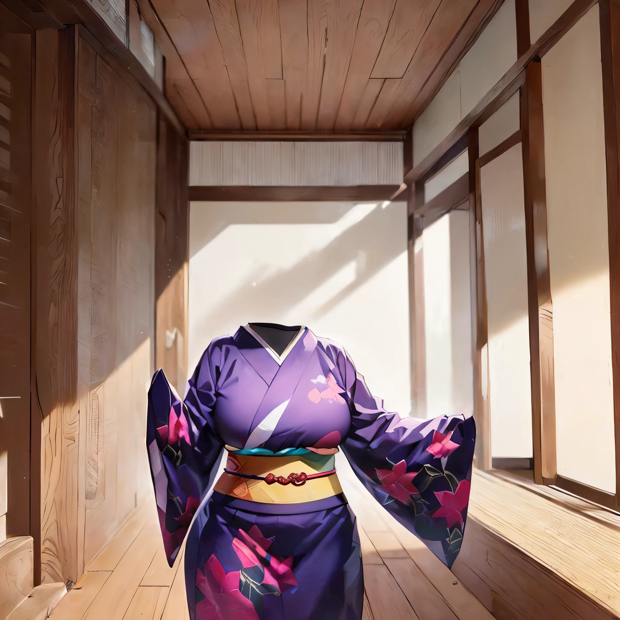 1girl, -yeld, coy shot, (invisible:1.5, no humans:1.5, headless:1.5, faceless:1.5), (cute big breasts), chubby, fat, kimono, on wooden floor, Best-quality, Masterpiece, Ultra-High-Resolution