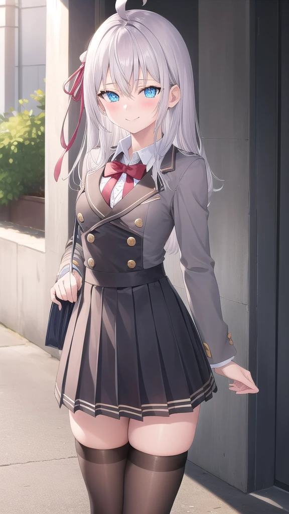 ((masterpiece)),(best quality),official art,extremely delicate and beautiful,extremely detailed CG,unity 8k wallpaper,ultra detailed,beautiful detailed eyes,extremely detailed face,outdoors,1girl,solo,cowboy shot,looking at viewer,facing viewer,smile,(petite:1.2),Alisa Mikhailovna Kujou,ahoge,long hair,grey hair,hair intakes,hair ribbon,red ribbon,sidelocks,hair between eyes,bangs,blue eyes,school uniform,grey jacket,cropped jacket,blazer,open jacket,wing collar,red bowtie,collared shirt,white shirt,medium breasts,long sleeves,double-breasted,black dress,pleated dress,high-waist skirt,zettai ryouiki,white thighhighs,black footwear,loafers,