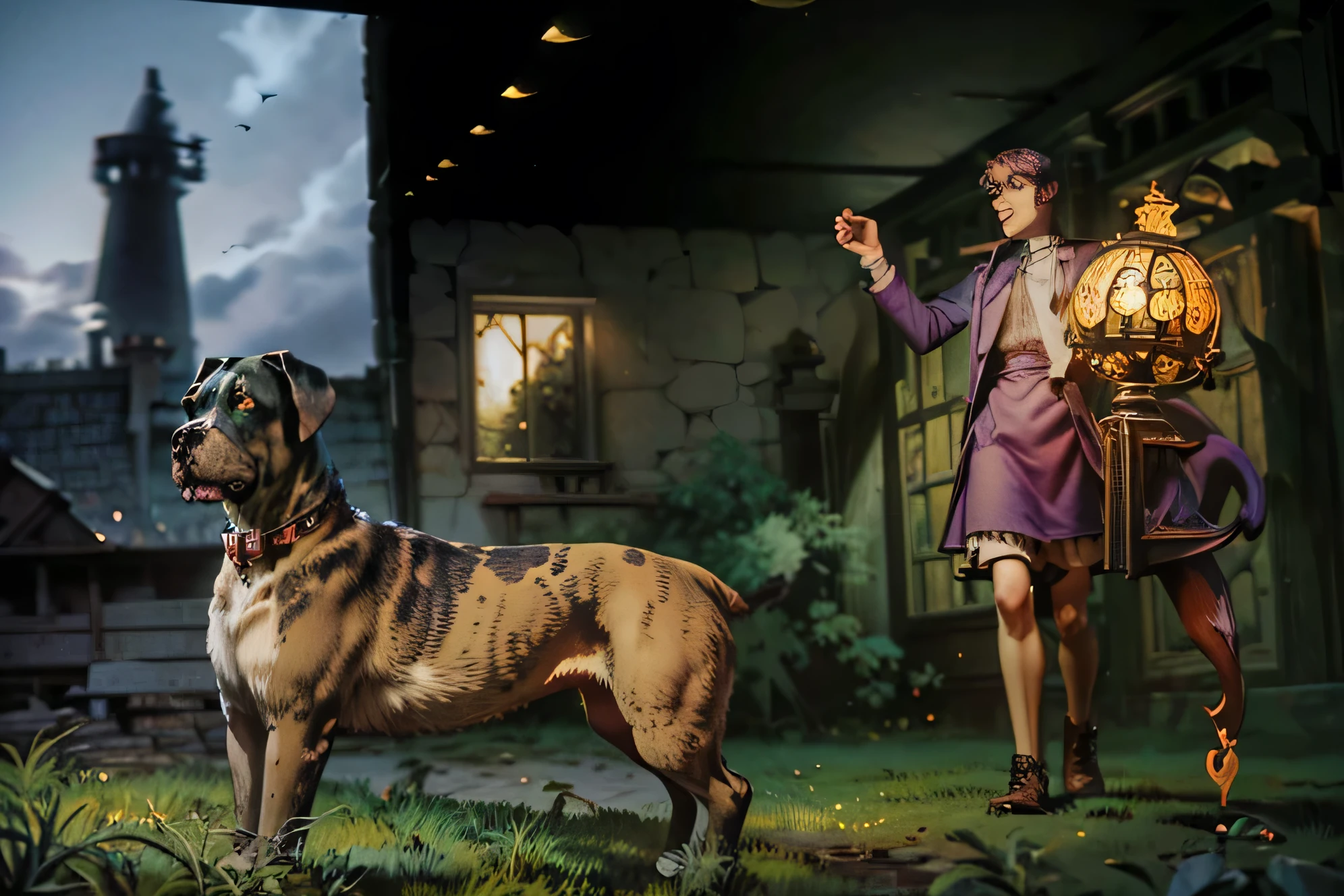 (Best quality, 8k, 32k, Masterpiece, UHD:1.2) ((great Dane Dog)) ((dog)) ((Scooby Doo) Create a scene of a haunted house reminiscent of the classic Scooby-Doo cartoons. The house should be large, eerie, and run-down, with crumbling walls, broken shutters, and tall, narrow windows covered in spiderwebs. The roof is sagging, with jagged edges and dark, misshapen chimneys poking into the night sky. The surrounding landscape is overgrown and wild, with twisted, leafless trees casting long shadows on the mist-covered ground. A full moon glows behind swirling clouds, bathing the entire scene in a faint, ghostly light. The front yard is cluttered with scattered debris, like a broken-down carriage, cracked tombstones, and a rusted wrought-iron gate.

In the foreground, place a large, brown Great Dane with a playful but cautious expression. This dog resembles Scooby-Doo, with his floppy ears, large paws, and signature black spots. He’s standing in front of the house, his tail slightly curled as if he’s on high alert, possibly sniffing out something suspicious. Add a hint of humor and Scooby-Doo charm by making the dog look like he’s nervously eyeing the house, perhaps about to turn and run. A few discarded Scooby Snacks can be scattered near him, suggesting that he’s been lured toward the spooky mansion. In the background, faint ghostly silhouettes peer through the windows, and shadowy figures can be seen lurking in the fog, adding a sense of mystery and adventure to the scene.