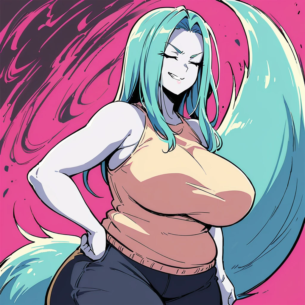 Anime, high detailed, Chubby girl, plump, cute pose, tall, large tail, Large breasts, long hair (((shoulders lenght))), curvy body, pale skin, closed eyes,  casual clothes, evil grin, dark fiering aura