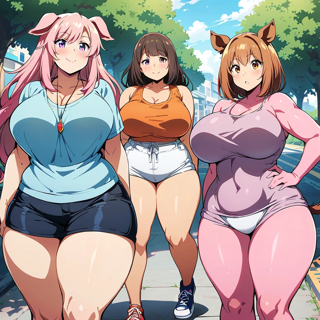 Anime, high detailed, pig girls, plump, pig's nose, pig's ears, pig's tail, Large breasts, curvy body, pink skin, casual clothes, girls surronding, multiple Girls