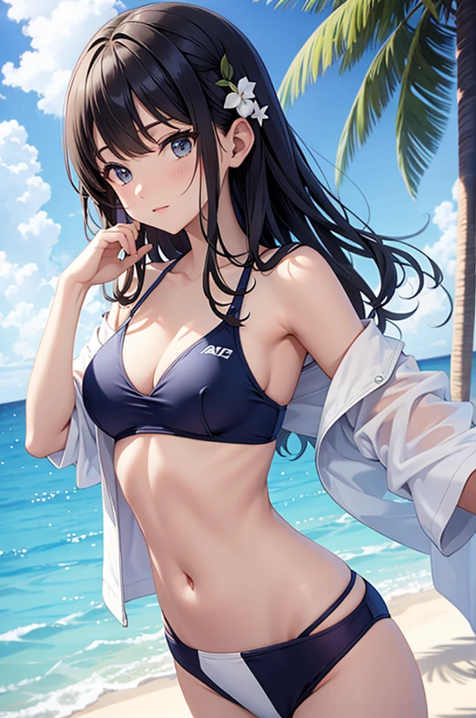 (masterpiece)、(absurdres)、(ultra detailed)、solo lady、dark blonde hair:1.2,(straight long hair)、BREAK、(shiny blue eyes:1.0)、BREAK、(athletic)、[flat chest]、(during:0.9)、(pierce:0.8)、(bracelet:0.7)、(Shorts and black bikini),cowboy shot,side view,sunset,beach、Raise your right hand to face height、smile,closed mouth,