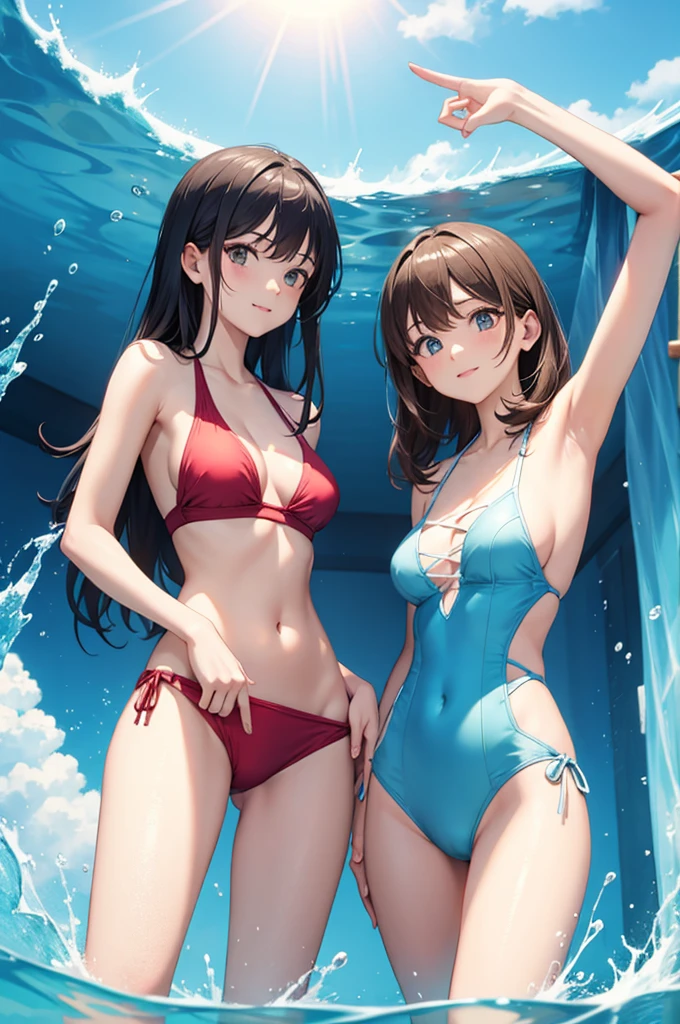 2 girls with big Boobs in Red strip bikini playing in the pool 8k, super detailliert, Genau , best qulaity
