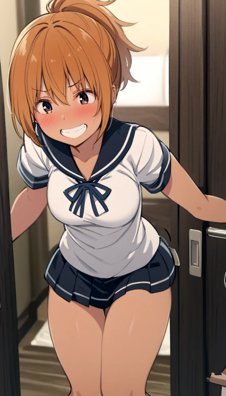 Honoka kousaka love live, slightly from above, blue eyes, orange hair,hair flower, standing shota boy, sailor top, sleeveless, breasts, micro skirt, perfect eyes, Perfect iris，Perfect skin，Soft front light，indoors；（pastel colour:1.2),(lipstick:0.8) , doggystyle sex,on ground, mommy,low twintails, curvy thicc body , Long hair , blushing ,ass grab ,cum dripping 