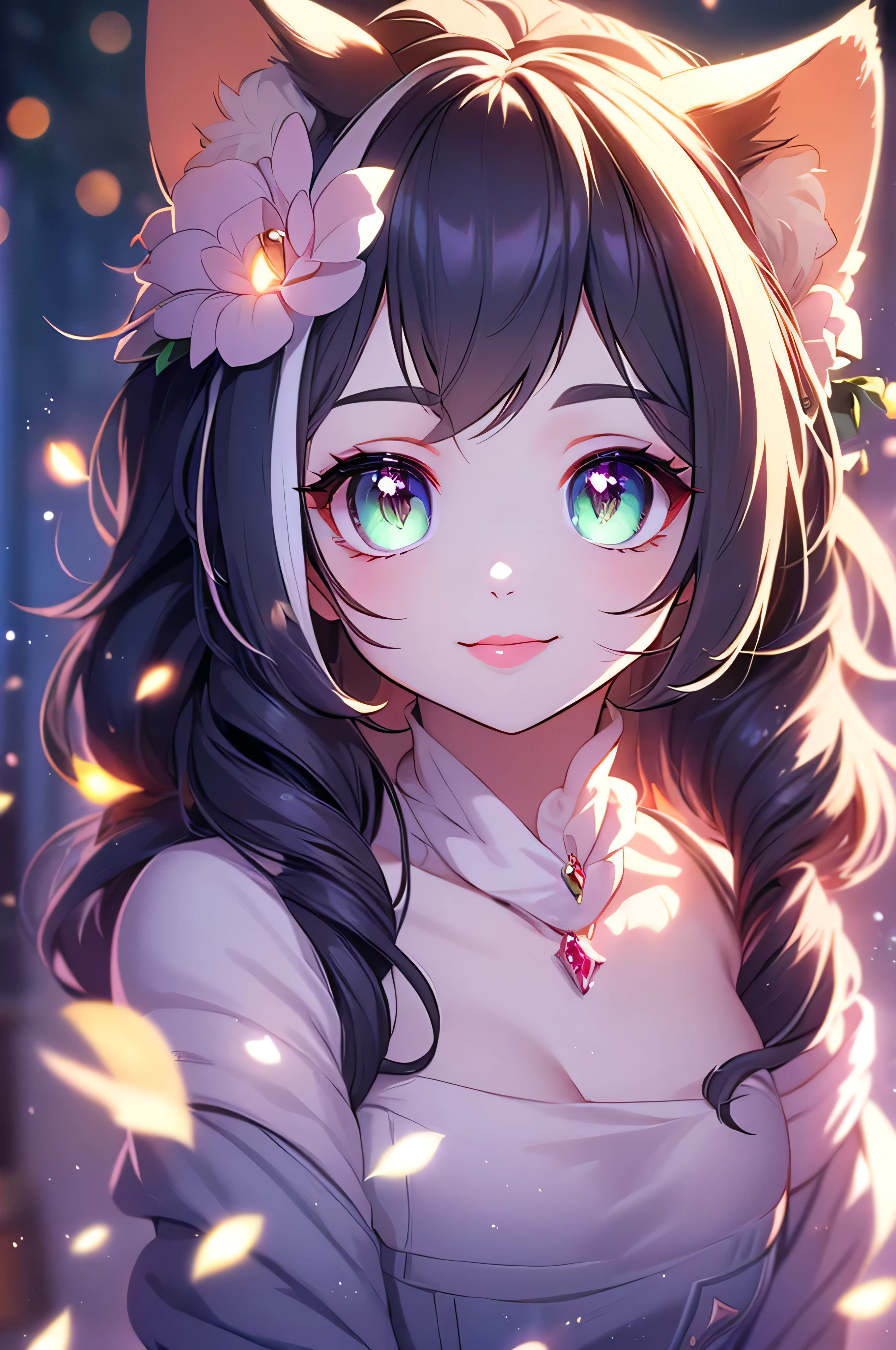 a cat girl, cute dress, smiling, beautiful detailed eyes, beautiful detailed lips, extremely detailed eyes and face, long eyelashes, photorealistic, highly detailed, 8k, masterpiece, cinematic lighting, dramatic lighting, vibrant colors, warm color palette, lipstick, huge breats, girl with a cute white  cat
