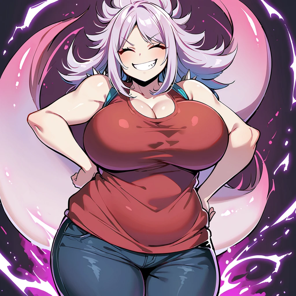 Anime, high detailed, Chubby girl, plump, cute pose, tall, large tail, Large breasts, long spiked hair (((shoulders lenght))), curvy body, pale skin, closed eyes,  casual clothes, evil grin, dark fiering aura