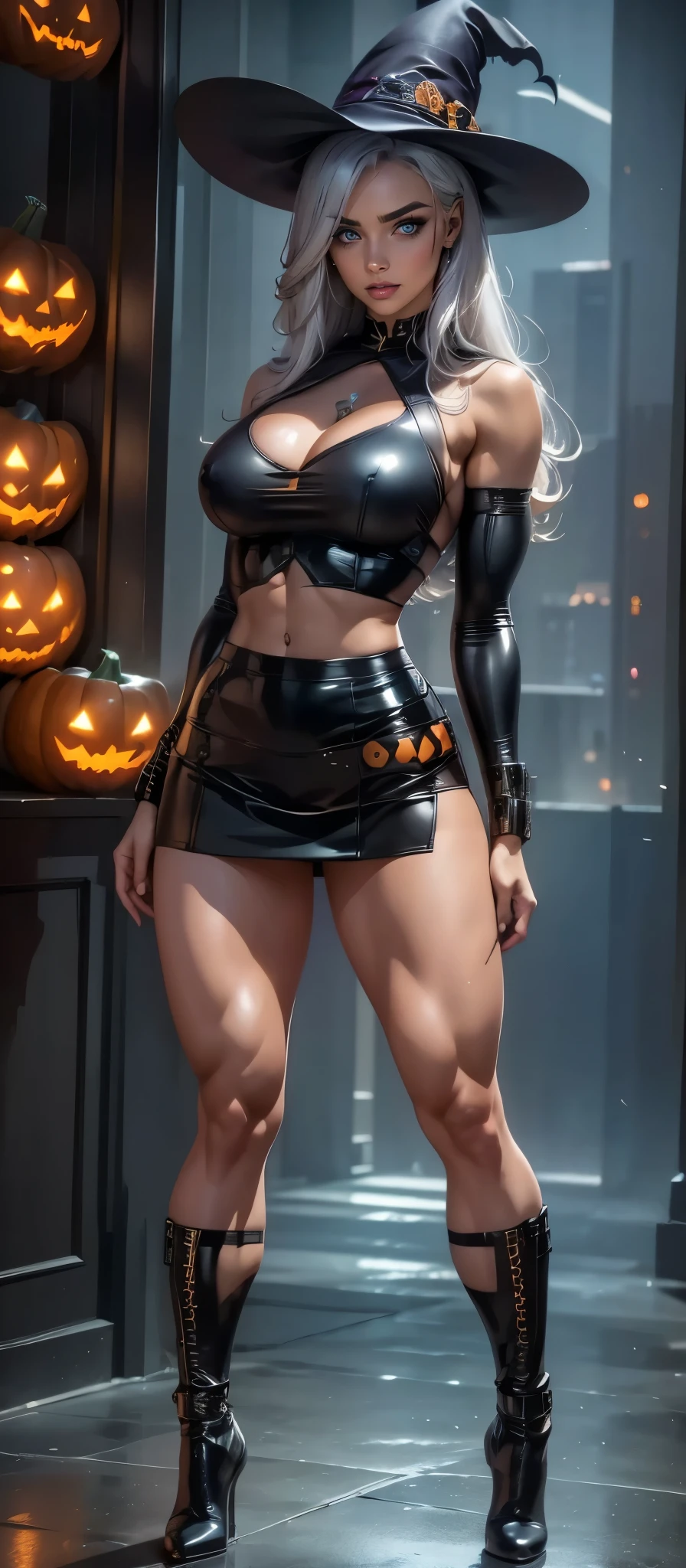 a sexy woman in a (((miniskirt))) , (((halloween costume outfit))), detailed clothing,   botas todo terreno, posing, full body shot, muy sexy, esta sobre una escoba, hay un caso grande de hechizos al fondo, hay telarañas, highly detailed, 8K, masterpiece, The best quality, High resolution, High details, very detailed, 
