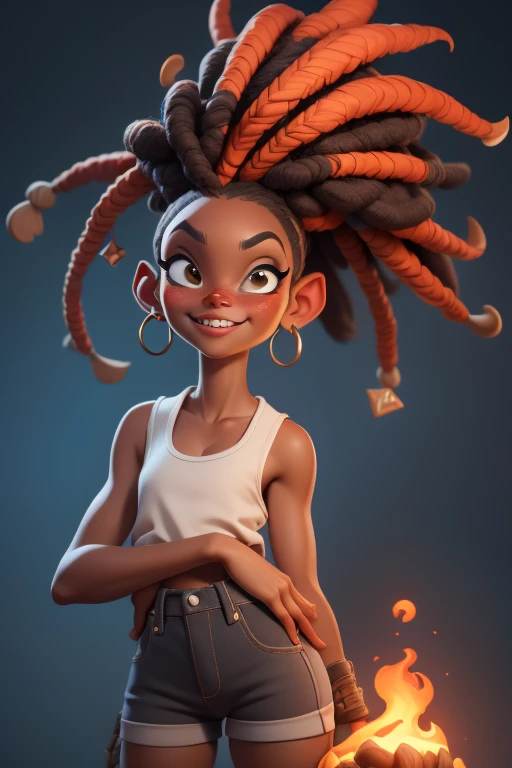 a close up of a person wearing shorts and a tank top, a character portrait, inspired by Kaja Foglio, zbrush central contest winner, red afro dreadlocks on fire, pixar cute character design, for hire 3d artist, light skinned african young girl