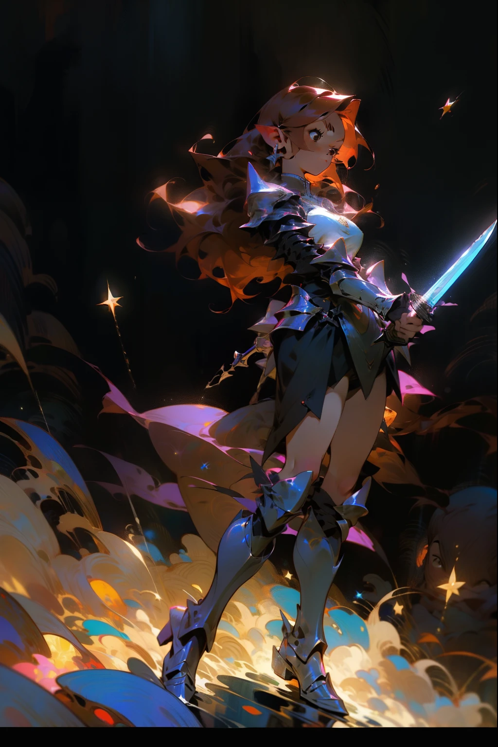 One Girl、One girl,Expressionless、Fantastic look、Fairy, Pointed Ears, masterpiece, Best Quality, High resolution,, One girl, Alone, Red Hair, Brown eyes, Long Hair , Big Breasts, Thigh-high boots,Holding the Sword、Big Sword、 armor、鉄のarmor、 Blue Skirt, Dark Background, starlight, star,starをすくう、手のひらでstarを救い上げる