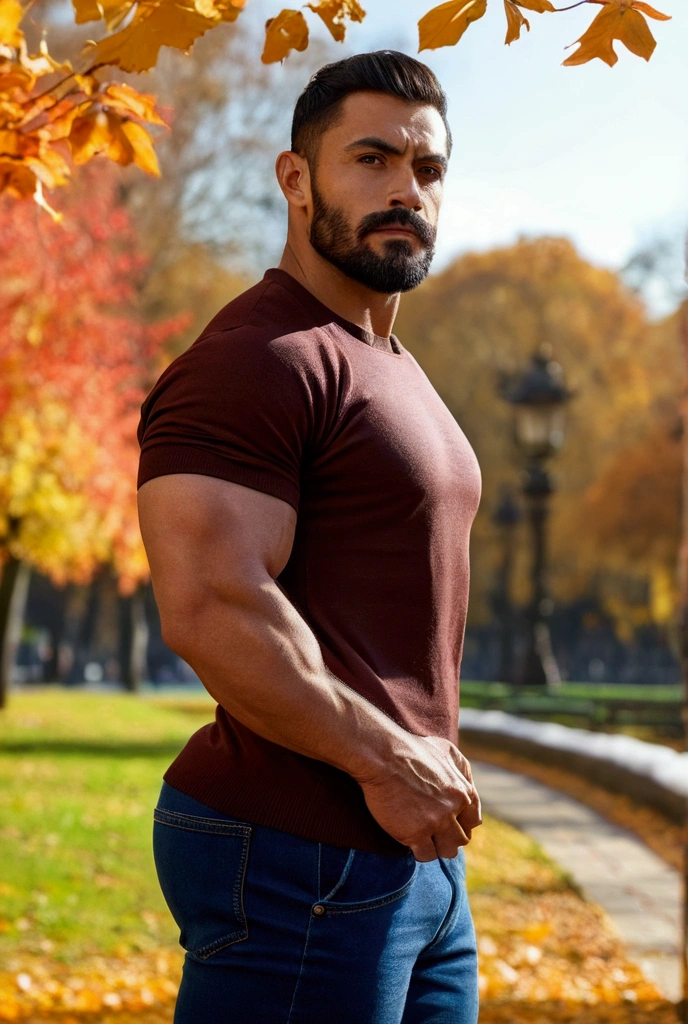 Handsome man, t-shirt, Manly and sexy in casual clothes, with a modern, vibrant winter fashion., strong and muscular legs, large lump, Ultra realistic 8k masterpiece with high detail of autumn park.. , close up , bodybuilder, wide legs,( bulging crotch ,  short beard, mexican ) Tasteful elegant sweater ,, big butts , close up espectacular , profile, flexionando un brazo profile , age 29 years , close up 
, latino 