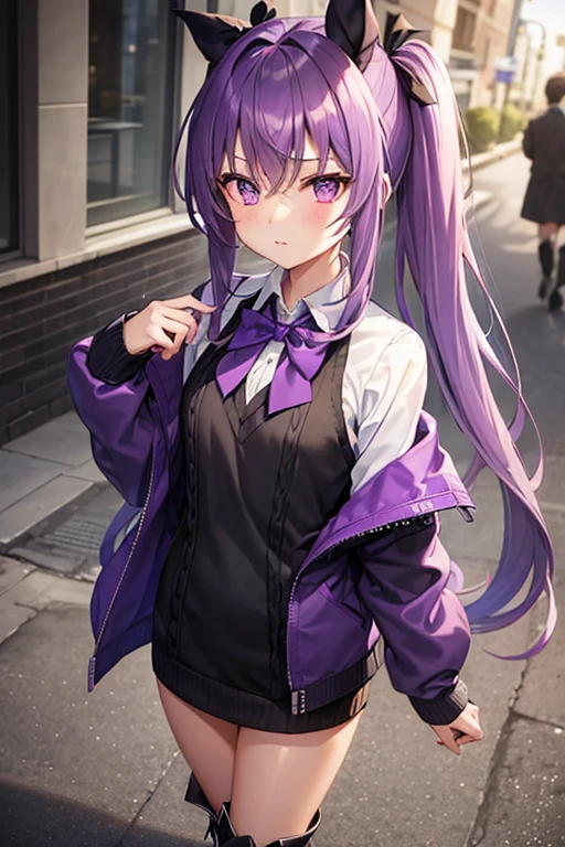 best quality, masterpiece, covered erect nipples, 1girl, Shinoa Hiiragi, purple hair, braided hair, purple ribbon, grey serafuku, green necktie, black skirt,