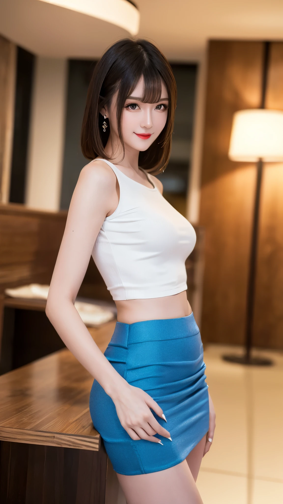 1 female々,（Standing posture）, （Long, straight legs：2.0）,（Height 2/3 is the foot:2.0）,White, shiny skin, Age 25, A small, Elegant face, Red lips, ( Hair parted to one side:1.5), blue eyes, smile, Elegant young woman, （white silk shirt ,Blue tight mini skirt:1.3), (pumps:1.2), Almond Eye,Slender figure, Tight waist, Beautiful Hands, Delicate shoulders, View here,Daytime, Tropical Island