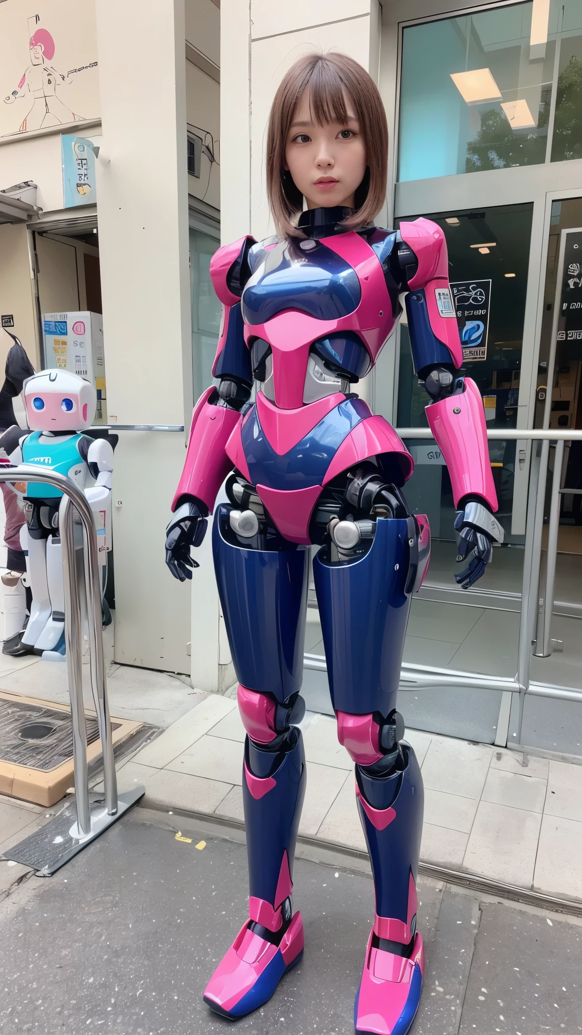 (Photorealsitic:1.4)、one robot woman、(top-quality)、(hyperdetailed face)、(Super well-formed face)、(Robot Parts)、(Female-Robot)、(25 years-old)、(Blue)、(pink there)、(Burgundy)、(metallic)、(full-body)、(Slender body)、(Model body type)、(full body mech)、(street of Akihabara)、(is looking at the camera)、(A brown-haired)、(Well-proportioned body)、(a small face)、(a small head)、(well-groomed fingers)、(Idol)、(front facing)、(Standing with legs open)、(Photo session)、(Looks sad)、(perfect-female-robot)、(perfect-mechanical-body)