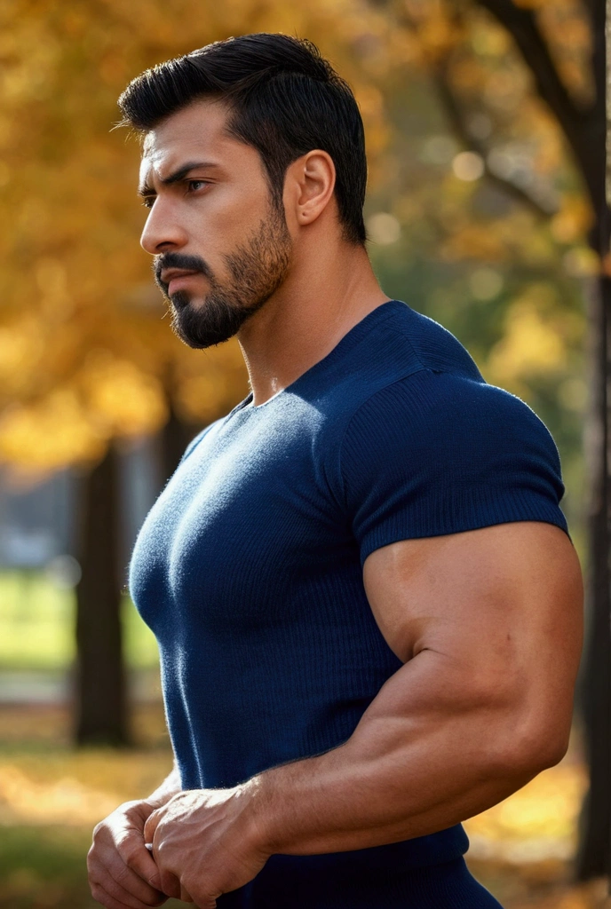 Handsome man, t-shirt, Manly and sexy in casual clothes, with a modern, vibrant winter fashion., strong and muscular legs, large lump, Ultra realistic 8k masterpiece with high detail of autumn park.. , close up , bodybuilder, wide legs,( bulging crotch ,  short beard, mexican ) Tasteful elegant sweater ,, big butts , close up espectacular , profile, flexionando un brazo profile , age 29 years , close up 
, latino 