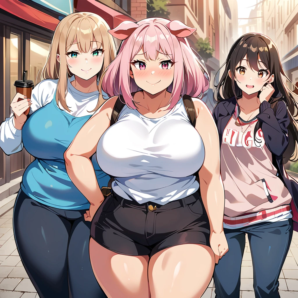 Anime, high detailed, pig girls, plump, pig's nose, pig's ears, pig's tail, Large breasts, curvy body, pink skin, casual clothes, girls surronding, multiple Girls