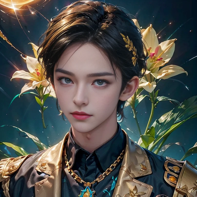 Ultra detailed portrait of a handsome guy, оранжевый background, disorganized, High resolution, super detailed, very detailed, 1 guy, short hair decorated with flowers , gold jewelry , a bouquet of bright - beautiful flowers in hands , confuse , geometrically correct forms , Colorful ,