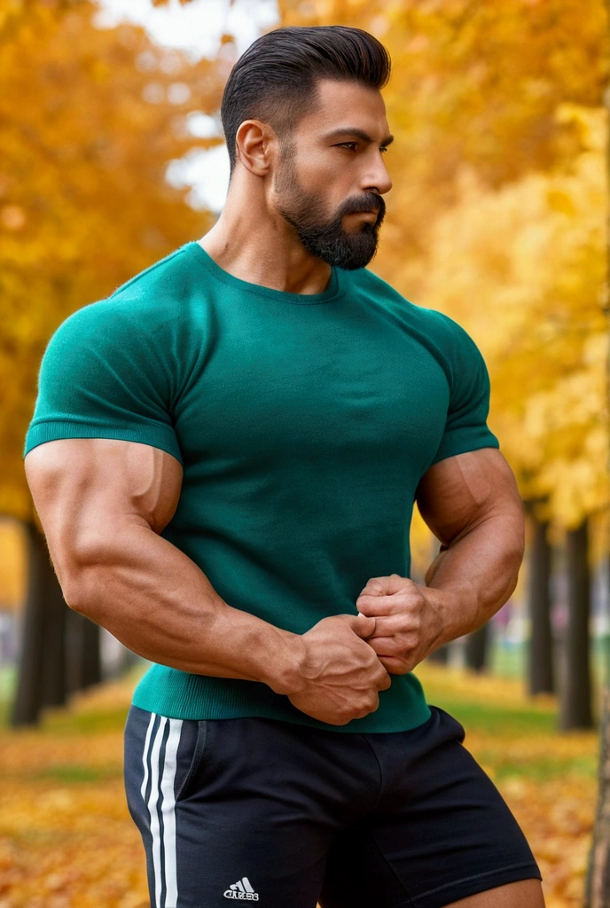 Handsome man, t-shirt, Manly and sexy in casual clothes, with a modern, vibrant winter fashion., strong and muscular legs, large lump, Ultra realistic 8k masterpiece with high detail of autumn park.. , close up , bodybuilder, wide legs,( bulging crotch ,  short beard, mexican ) Tasteful elegant sweater ,, big butts , close up espectacular , profile, flexionando un brazo profile , age 29 years , close up 
, latino 