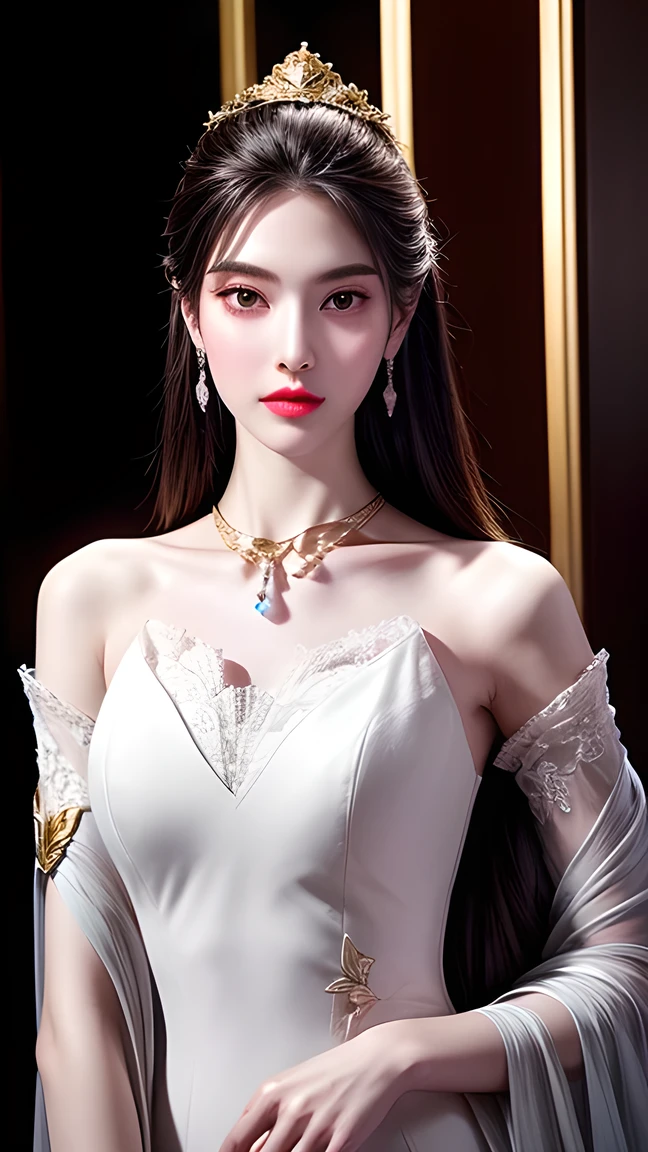 (Masterworks, 8K resolution, perfect depth-of-field panorama) + (noble woman, queen of the goddess, arrogant and confident) + (perfect facial features, delicate face, single) + (natural light, feather hair ornament, bracelet, sapphire brooch, pearl bracelet, earrings, lace trim, open shoulder) + (work uniform), blonde