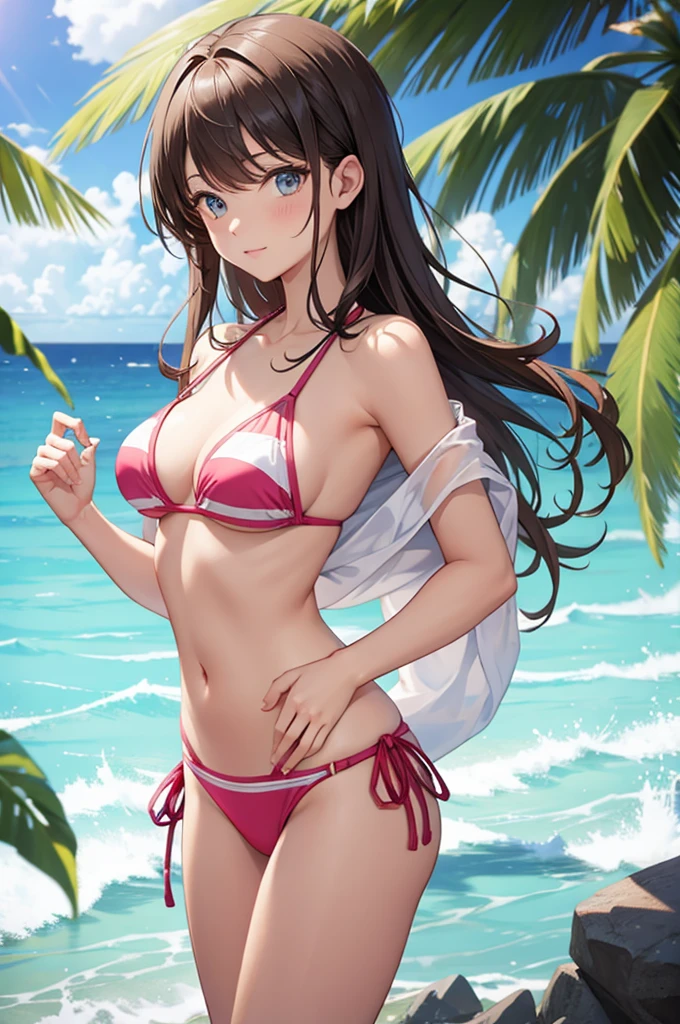 (((highest quality、masterpiece、highest quality、very high resolution、Super high quality、perfect pixel))), (((A beauty from the finest arts college,one woman,single, solo))), ((He has a neat face,Beautiful faces are described in detail, blush、cute face、beautiful outline、smile, open your mouth:1.2)), ((long hair, bangs, brown haired:1.5)),((Beautiful long, narrow eyes:1.4, beautiful eyes,strong-willed eyes, beautiful eyelashes, realistic eyes)), ((Medium chest,chest enhancement,emphasize,beautiful feet:0.9)),((She is wearing a front-tied bikini.)),((realistic skin texture:0.75, realistic texture:0.65, realistic:1.1, Anime CG style, Bright colors)), ((standing posture,dynamic angle, perfect body,dynamic pose, model shoot)), ((Mysterious open-air bath,Cherry tree)),The wind is blowing、beautiful anime woman, beautiful art style, anime character、Overall image、Detailed image、accurate anatomy、Image without defects、natural soft light、beautiful images、highly detailed images、(Best Shot 1.2)