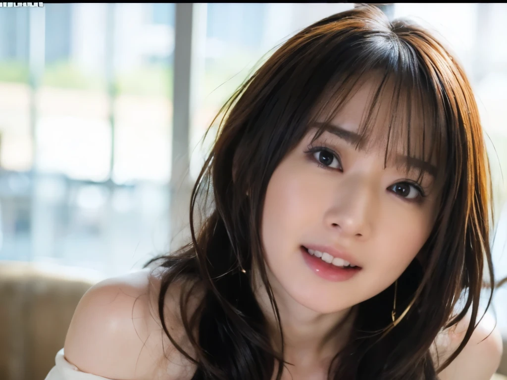 1 woman,(Ultra HD、Ultra-high resolution、8k)、((Viewer:1.8))、(Extremely realistic skin texture:1.4)、(Realistic:1.3)、(smile:0.4)、20-year-old female、Long Hair、bangs,(Sweat:1.4)、off shoulder、Drooling,beauty tooth