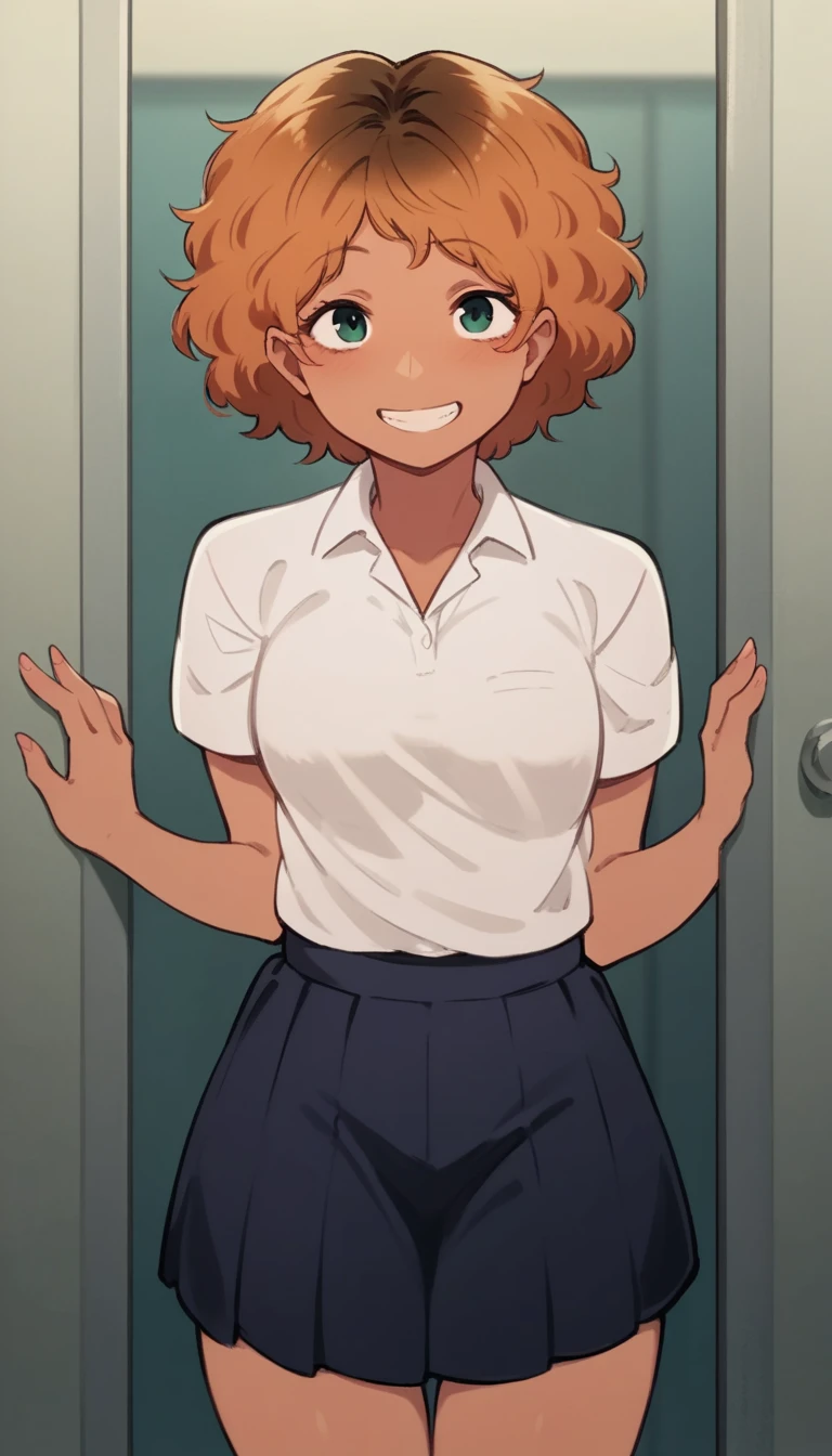 A girl of normal height, tanned girl dressed as a schoolgirl,  Wearing a ponytail, smiling, orange curly hair , trying to throw himself through the door.