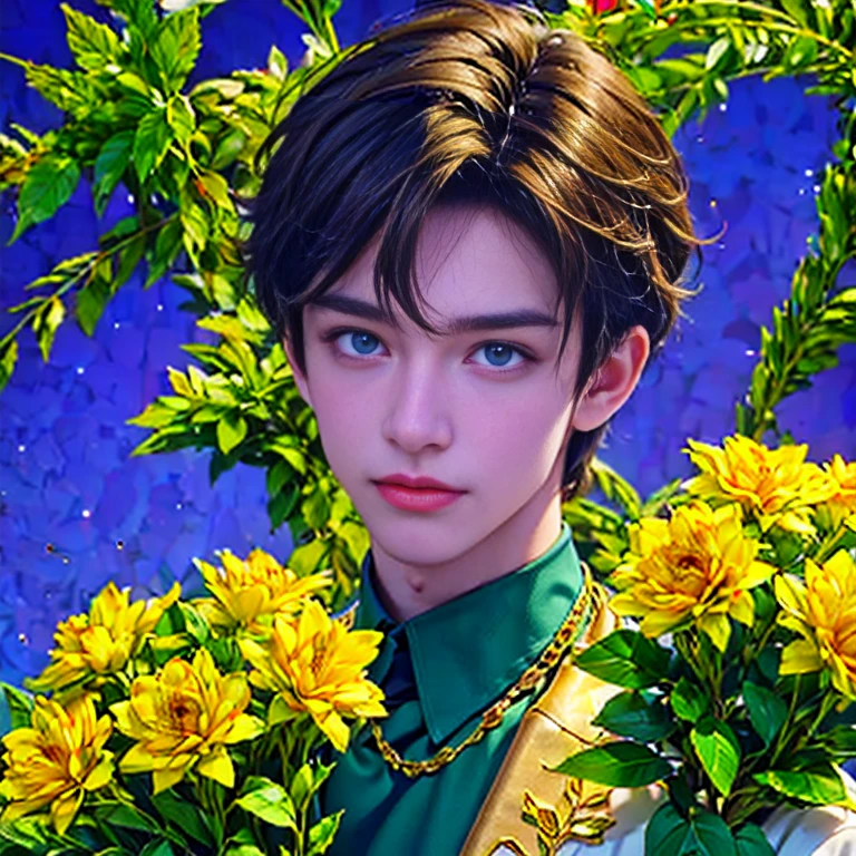 Ultra detailed portrait of a handsome guy, оранжевый background, disorganized, High resolution, super detailed, very detailed, 1 guy,blue eyes are shining, short blonde hair decorated with flowers , gold jewelry , a bouquet of bright - beautiful flowers in hands , confuse , geometrically correct forms , Colorful ,