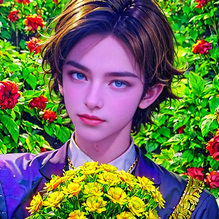 Ultra detailed portrait of a handsome guy, оранжевый background, disorganized, High resolution, super detailed, very detailed, 1 guy,blue eyes are shining, short blonde hair decorated with flowers , gold jewelry , a bouquet of bright - beautiful flowers in hands , confuse , geometrically correct forms , Colorful ,