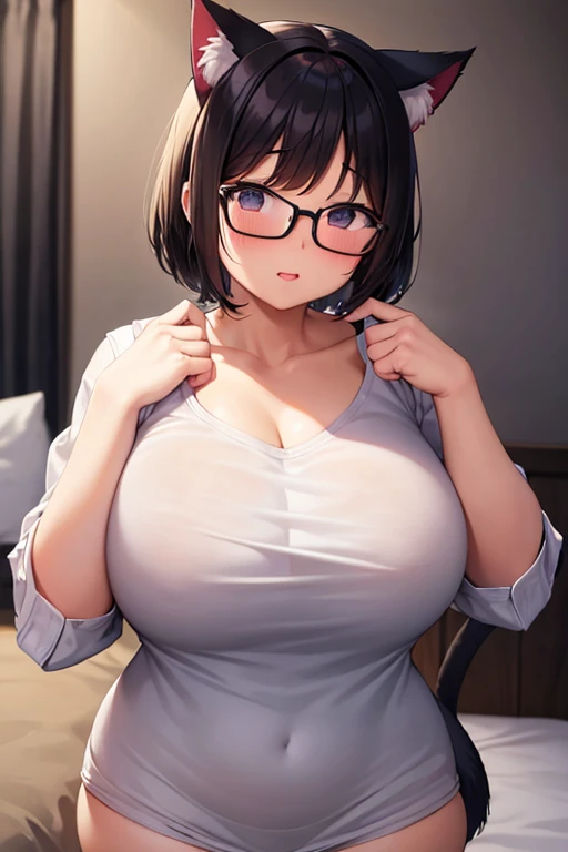 (masterpiece, best quality), 1girl, Light brown Short Messy Hair with High Fade with Light brown eyes, Mega huge breasts, Light brown eyes, silver spectacles,