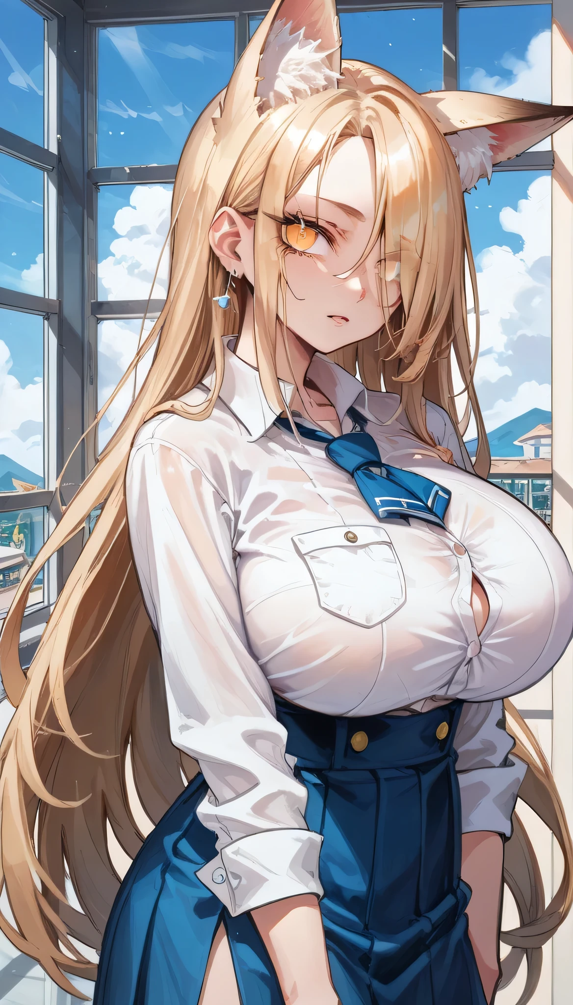 Cold Stare,(hi-quality,high resolution),(Fox Ears),(forehead,long hair over one eye),((((long slit eyes)))),((side parted hair)),((oblong face)),((huge breasts)),(((very narrow eyes)))((,Clear Eyes,Perfect Eyes,clear lines)),Blonde,Long Hair,Old room,Magic School Uniform,Delinquent Girl,gal,mini skirt, clothes are exposed,((anime))