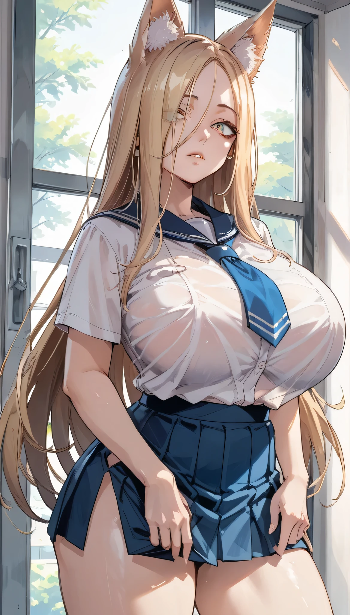 Cold Stare,(hi-quality,high resolution),(Fox Ears),(forehead,long hair over one eye),((((long slit eyes)))),((side parted hair)),((oblong face)),((huge breasts)),(((very narrow eyes)))((,Clear Eyes,Perfect Eyes,clear lines)),Blonde,Long Hair,Old room,Magic School Uniform,Delinquent Girl,gal,mini skirt, clothes are exposed,((anime))