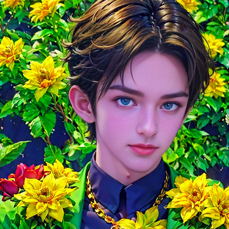 Ultra detailed portrait of a handsome guy, оранжевый background, disorganized, High resolution, super detailed, very detailed, 1 guy,blue eyes are shining, short blonde hair decorated with flowers , gold jewelry , a bouquet of bright - beautiful flowers in hands , confuse , geometrically correct forms , Colorful ,