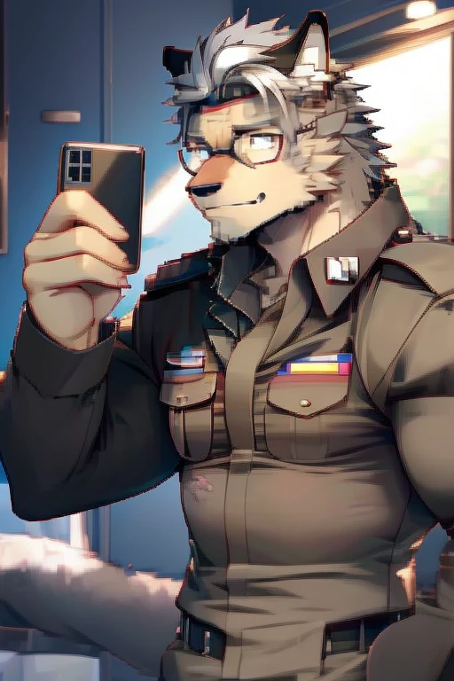 A Top body Picture And Right Side Picture of A Super Muscular Furry style Gray Wolf. he is wearing A Brown Police Outfit Uniform. he is standing in the background. blushes on his face, little spikey hair, little messy hair, gray hair, Ear Blush, Excited, Hands are in pocket, looking at the viewer, He have Long and fluff up tail. He have mostly gray furs, smiling, he have glint gray eyes, he is taking a selfie with his Phone in front of his mirror in his Very small bathroom