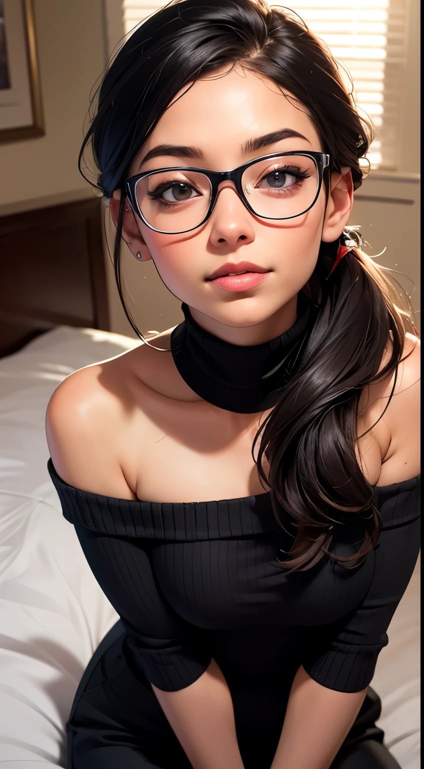 (best quality,4k,8k,highres,masterpiece:1.2),ultra-detailed,(realistic,photorealistic,photo-realistic:1.37),portraits,sexy,cute,beautiful face,intense gaze,smiling blush,black hair,ponytail,glasses,purple knitted off shoulder sweater,bare shoulders,black pants,lying on bed,head on pillow,facing up,medium chest,cleavage,perfect body