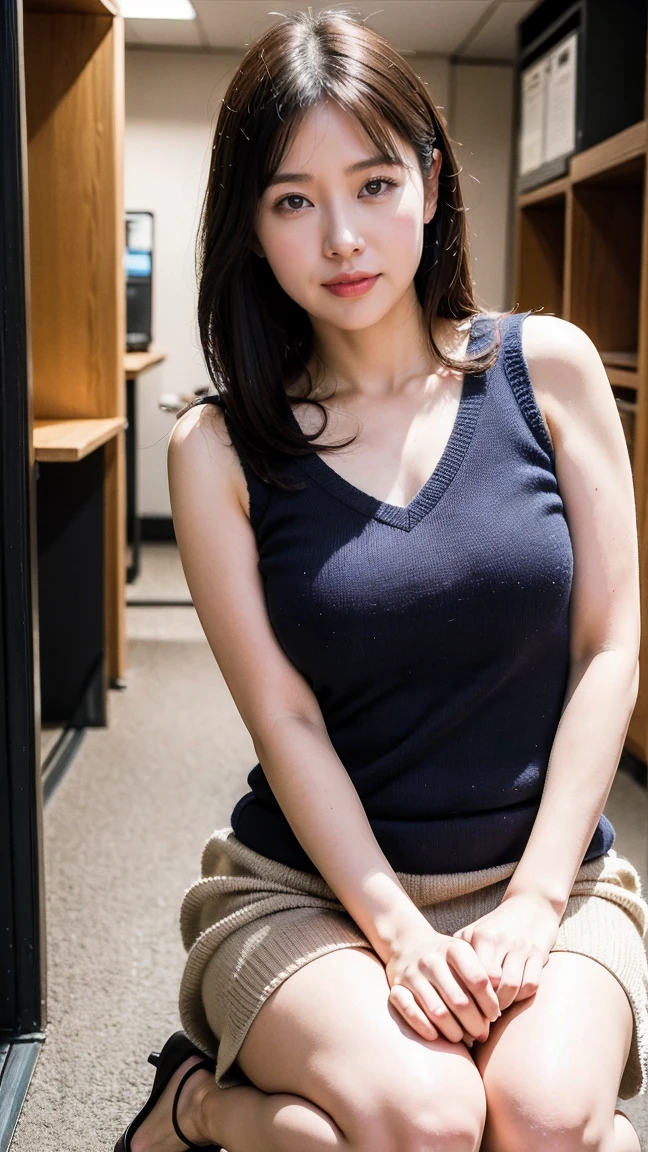 Highest quality、8k、masterpiece、Realistic, Sharp focus, High resolution, High resolution, Portraiture, Alone, Japanese, Middle-aged women, Beautiful woman, sexy, (Beige sleeveless v-neck knit dress, Knee-length skirt),  pantyhose, sandals、Plump, Bob Hair, Wrinkles around the eyes, Office Changing Room, Many steel lockers,