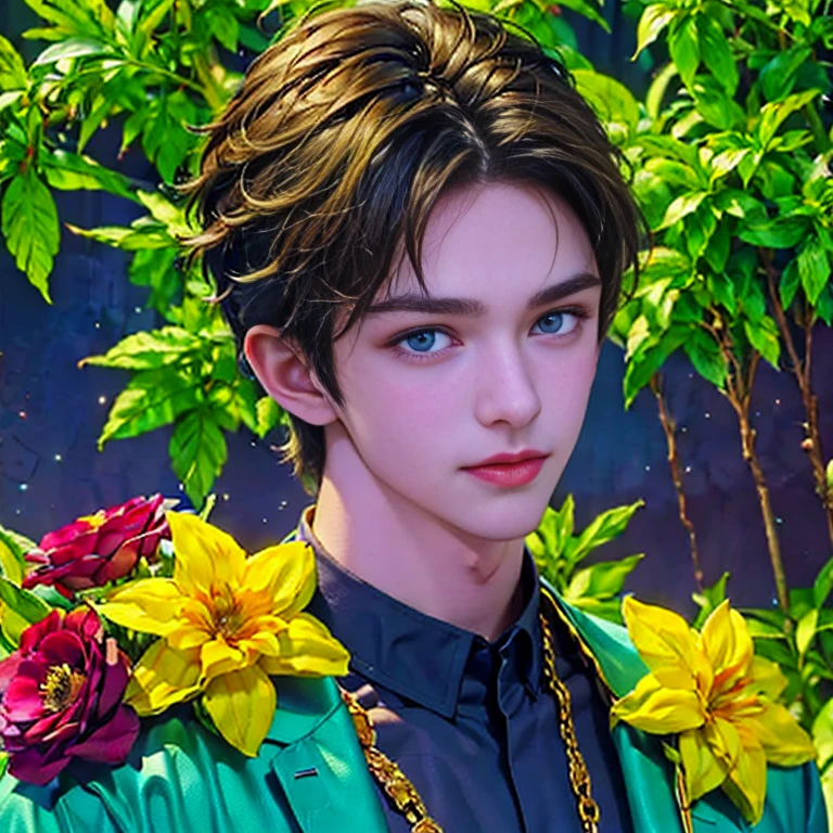 Ultra detailed portrait of a handsome guy, оранжевый background, disorganized, High resolution, super detailed, very detailed, 1 guy,blue eyes are shining, short blonde hair decorated with flowers , gold jewelry , a bouquet of bright - beautiful flowers in hands , confuse , geometrically correct forms , Colorful ,