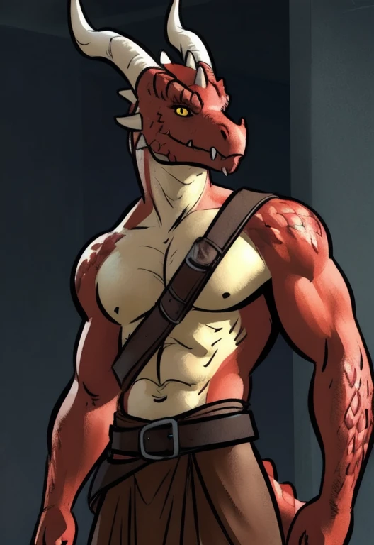 (by bgn, anime, soft hatching, simple shading) anthropomorphic, solo, human anatomy, adult, tall, mature, anthro, (lean, fit body, skinny muscles, biceps), (red kobold, red scales, yellow eyes, snout, horns, claws, tail, scales, fangs,), (bandit clothes, belt around waist, brown tunic)