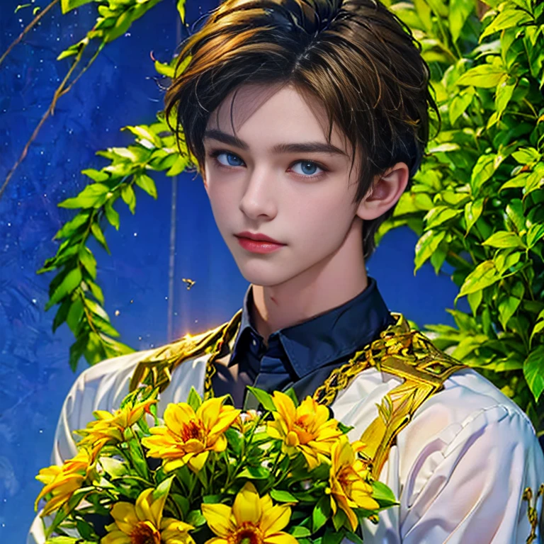 Ultra detailed portrait of a handsome guy, оранжевый background, disorganized, High resolution, super detailed, very detailed, 1 guy,blue eyes are shining, short blonde hair decorated with flowers , gold jewelry , a bouquet of bright - beautiful flowers in hands , confuse , geometrically correct forms , Colorful ,