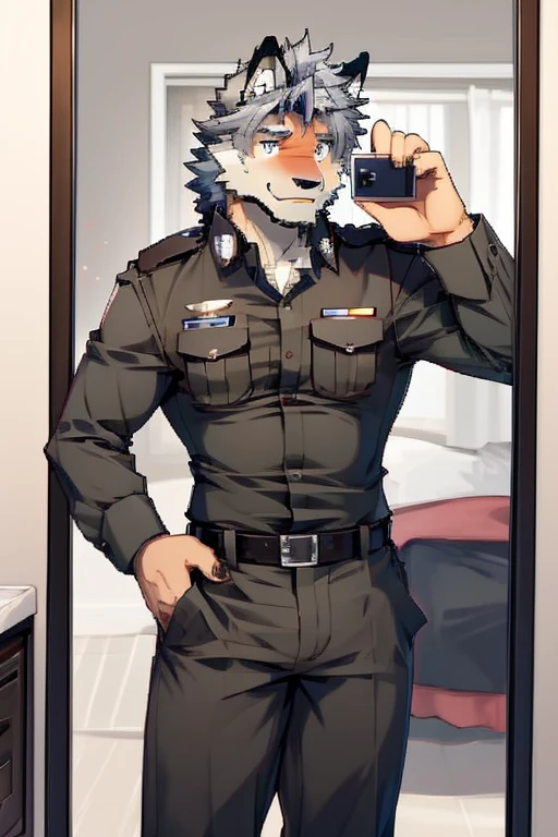 A Top body Picture And Right Side Picture of A Super Muscular Furry style Gray Wolf. he is wearing A Brown Police Outfit Uniform. he is standing in the background. blushes on his face, little spikey hair, little messy hair, gray hair, Ear Blush, Excited, Hands are in pocket, looking at the viewer, He have Long and fluff up tail. He have mostly gray furs, smiling, he have glint gray eyes, he is taking a selfie with his Phone in front of his mirror in his Very small bathroom