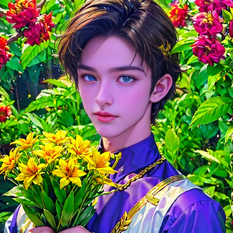 Ultra detailed portrait of a handsome guy, оранжевый background, disorganized, High resolution, super detailed, very detailed, 1 guy,blue eyes are shining, short blonde hair decorated with flowers , gold jewelry , a bouquet of bright - beautiful flowers in hands , confuse , geometrically correct forms , Colorful ,