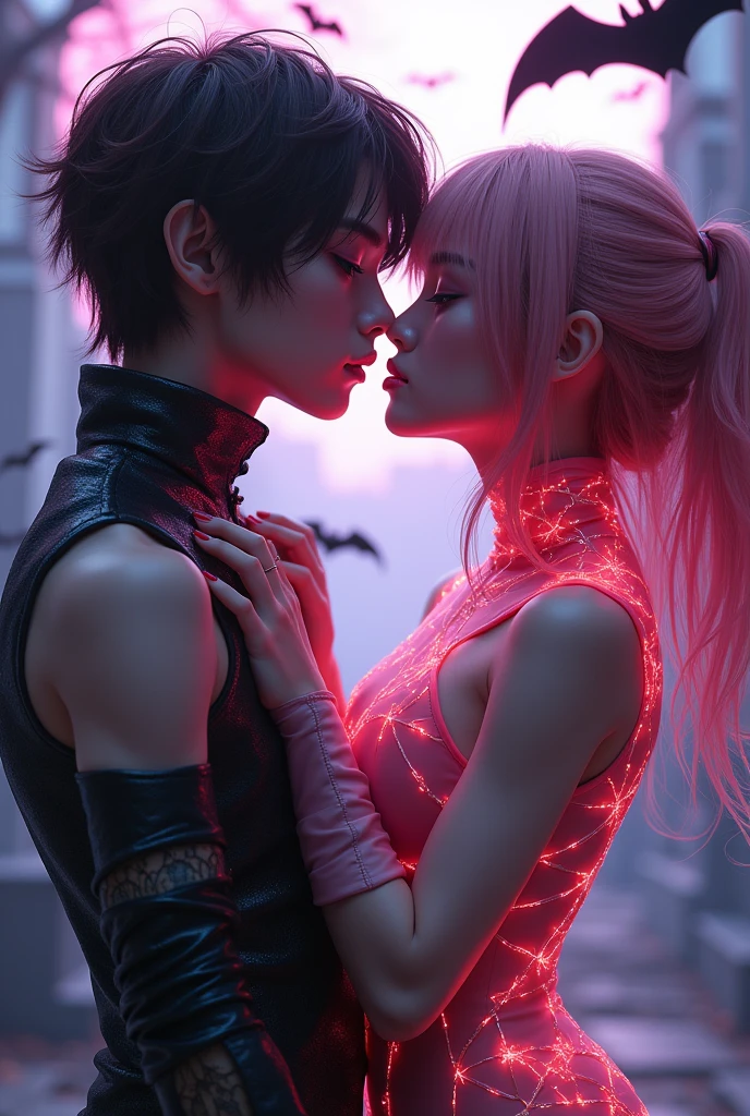japanese demon is fighting a beautiful girl,18yo, pink short hair, blue eyes,Conceptual art, best photo shot, glowing light, realistic, UHD, textured skin, masterpiece, anatomically correct, best quality, 8k, full body,