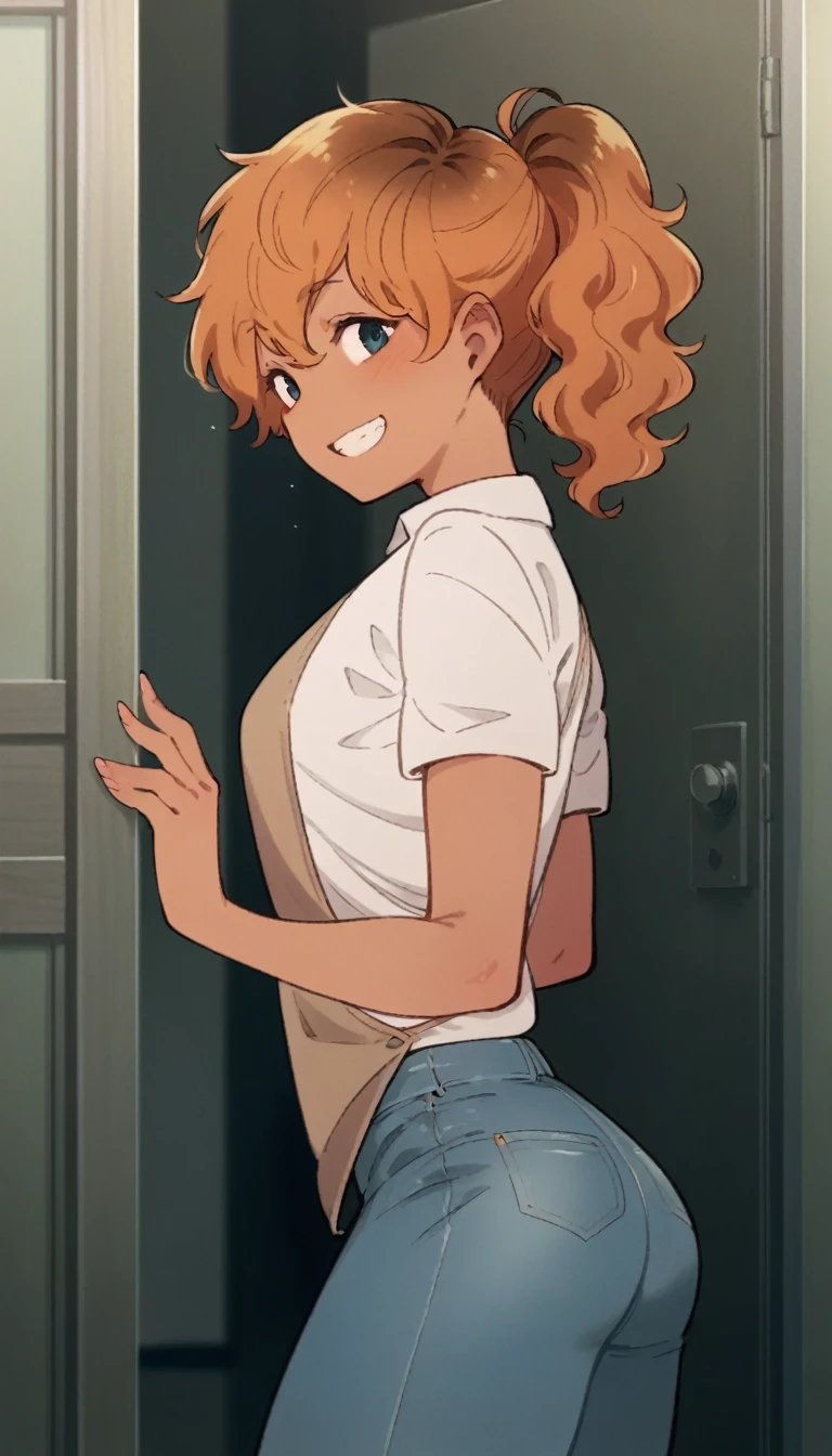 A girl of normal height, tanned girl dressed as a schoolgirl,  Wearing a ponytail, smiling, orange curly hair , trying to throw himself through the door., dressed in skintight jeans.