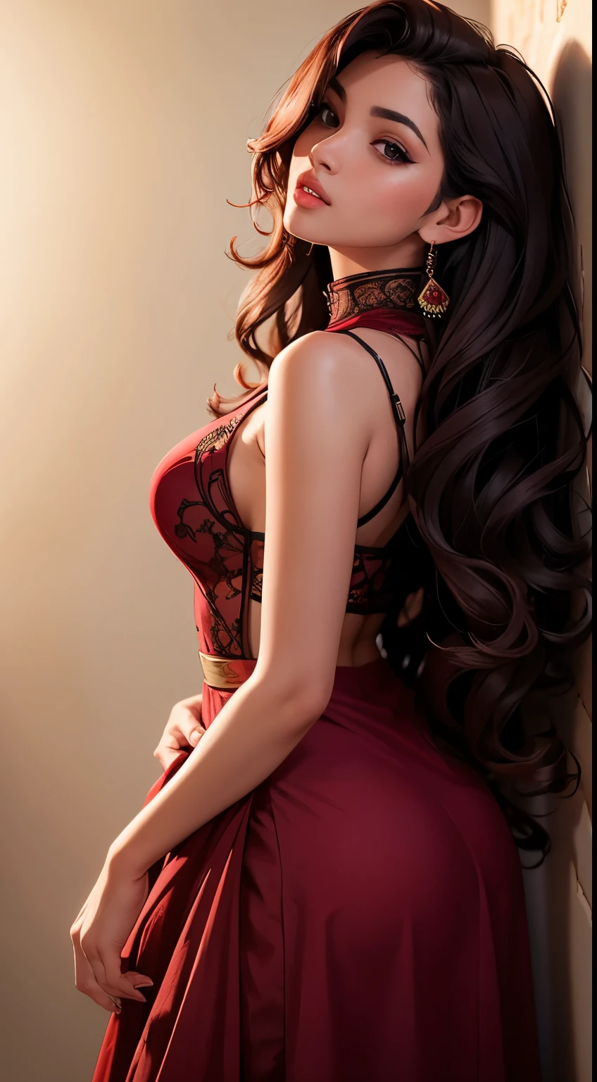 Amazing portrait of a sexy woman with her long wavy hair as she gazes at us seductively with her perfect lips parted for a kiss as she's pinned against the wall wearing a sheer maroon kurta with black embroidery