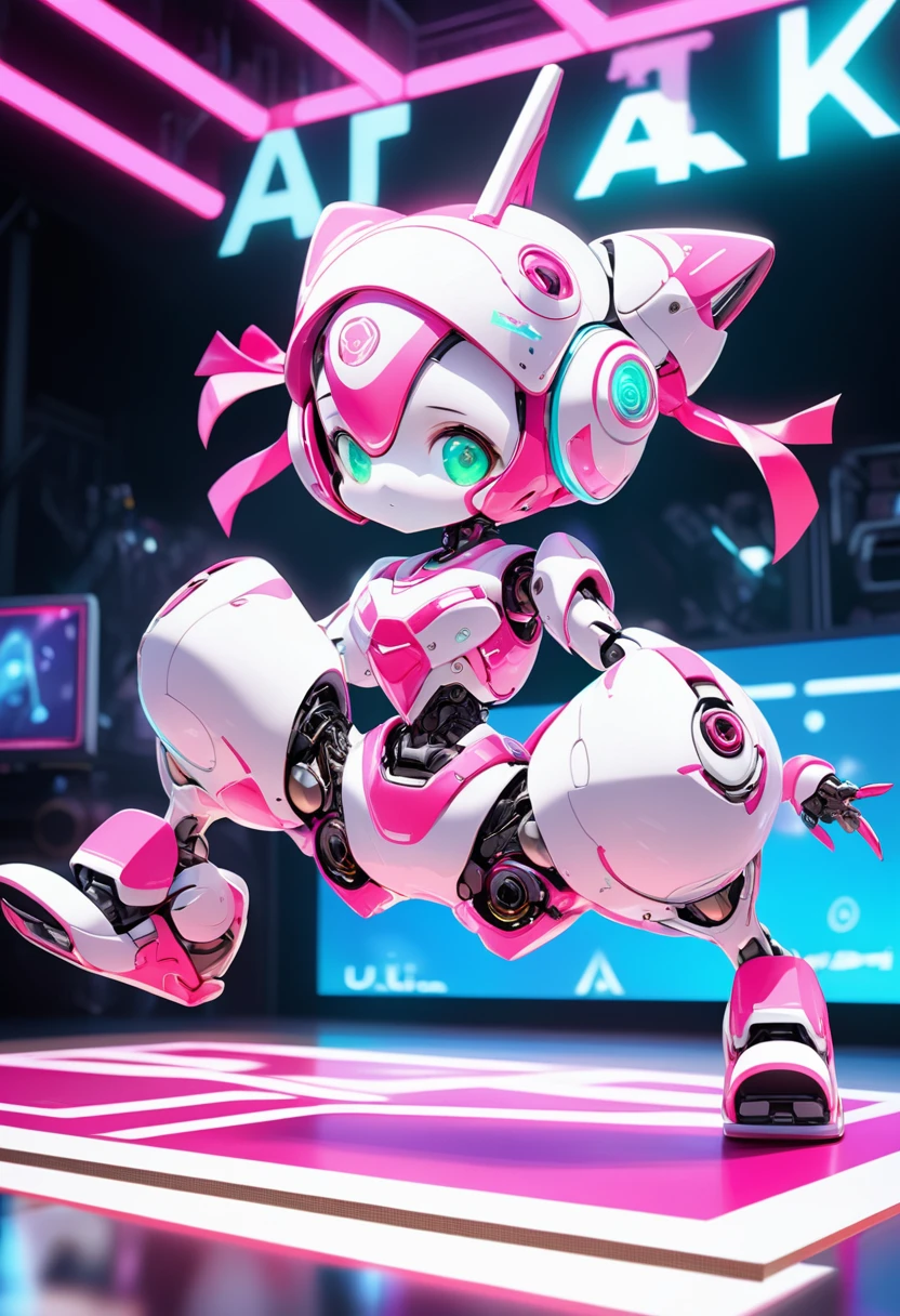 Ultra HD3DCGコンセプトアート.Draw a cute and comical dancing humanoid robot、The robot is autonomous and has the same height as a human、The head is pink and resembles a twin-tail hairstyle.、A thin, green, goggle-type mono-eye、The pink and white theme々A comical body with cute and colorful designs、The mechanism is exposed in each part.、The pink neon lights bring out the cuteness of the robot.、(The robot does a dynamic breakdance on stage, standing on its head and spreading its legs wide.:1.3)、(Motion Blur:1.2)、The stage has many holographic monitors displaying robots.、Vibrant、psychedelic、Cyberpunk、(Ultra HD、Masterpiece、Best Quality、4K.8k.:1.5 )Ultra Detail、
Dramatic Lighting、High quality 3D rendering、Professional photo resolution、Award-winning、