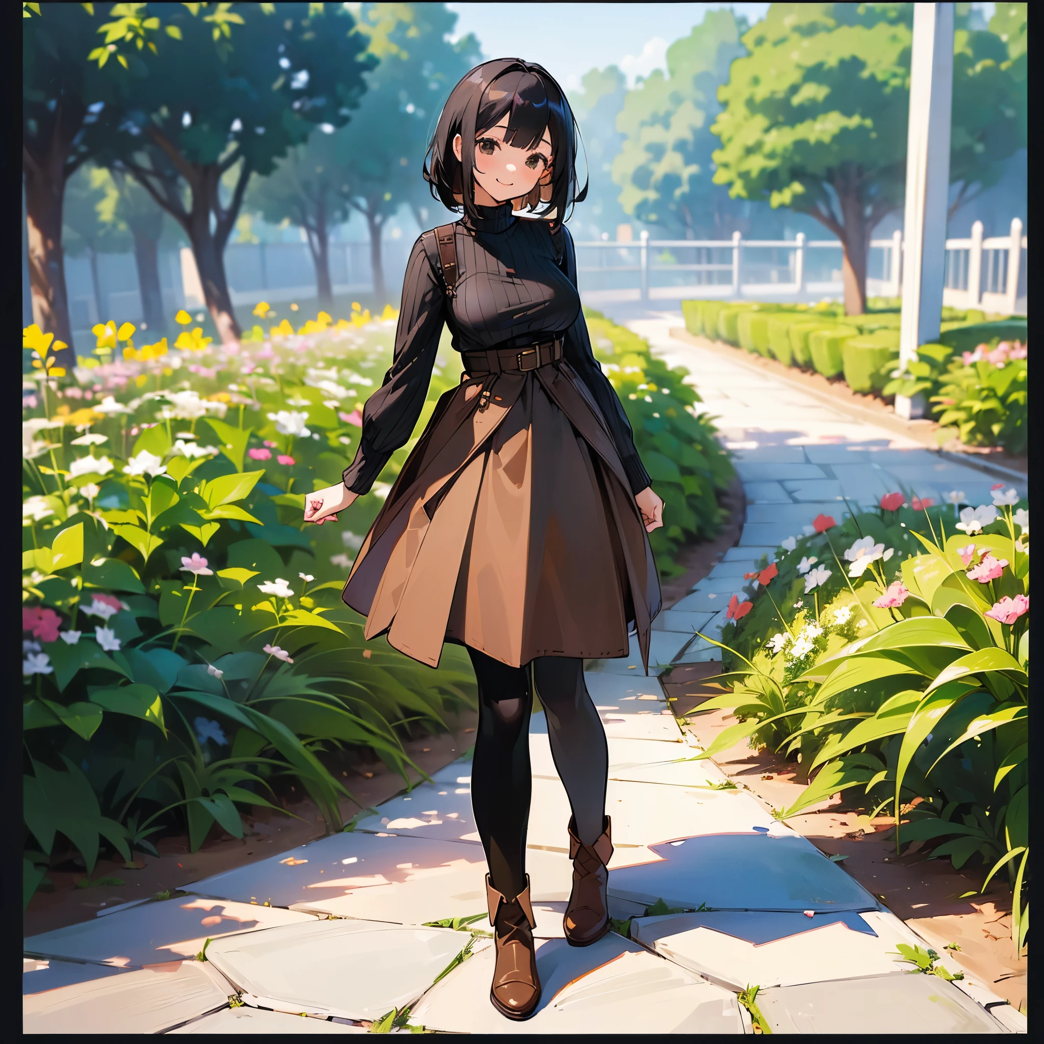 (high quality, High resolution, Very detailed, reality:1.37), Peaceful atmosphere, (Outdoor, garden), Teenage girl standing alone, (My breasts are large.), Beautiful details, Cute Smile, (Black bob hair), Ribbed sweater,Brown skirt, Black tights, Brown boots.