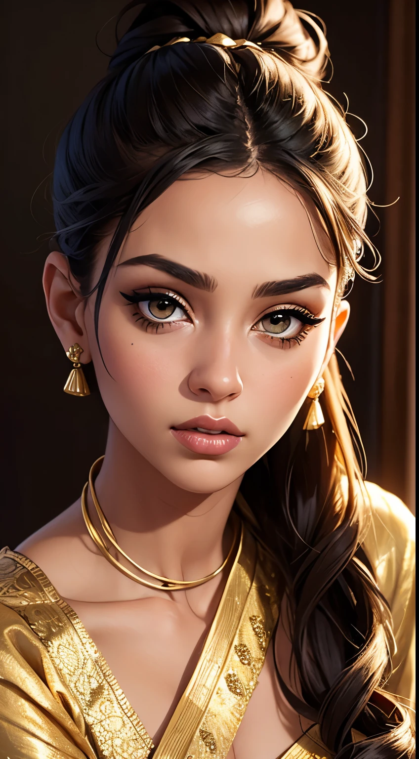 Amazing portrait of a sexy woman with her hair tied back in a low bun with her eyes emphasised by smokey eyeliner gazing at us seductively with her perfect lips parted wearing gold blouse and a white saree with gold embroidery